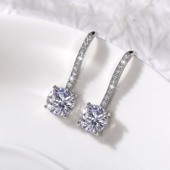 💥 White Crystal CZ Dangle Earrings for Women Imitate Zircon Drop, HA4516 - Picture 4 of 6